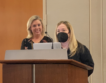 Katie McGee and Charlotte Canning at the November 2021 Student Affairs Leadership Team meeting