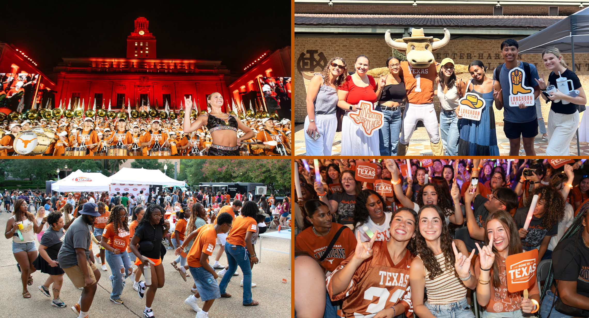 Four pictures in a collage: top left is students at Gone to Texas; top right is a group of students with Hook 'em; bottom left is a group of students dancing on West Mall; bottom right is three girls holding up hook 'em at Gone to Texas