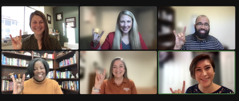 (Top) Kelly Soucy (Office of the Dean of Students), Jess Cybulski (Vice President for Student Affairs Office), Marcus Mayes (Office of the Dean of Students); (Bottom) VP for Student Affairs and Dean of Students Soncia Reagins-Lilly, Susie Smith (Texas Parents) and Alma Garcia (Vice President for Student Affairs Office)at the Team Appreciation and Celebration on Jan. 26