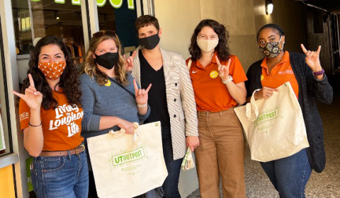 Valeria Martin (Office of the Dean of Students), Paige Muehlenkamp-McHorse (New Student Services), Kara Hartzell, Katharine Sucher (New Student Services) and Ashley Richardson-Minnitt (New Student Services) at UT Outpost