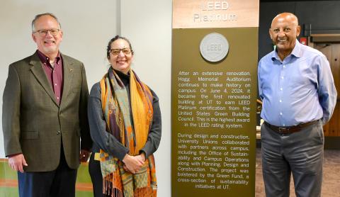 James Buckley (University Unions), Nina Hammoudeh (UT Austin Planning, Design and Construction) and Mulu Ferede (University Unions) inside Hogg Memorial Auditorium