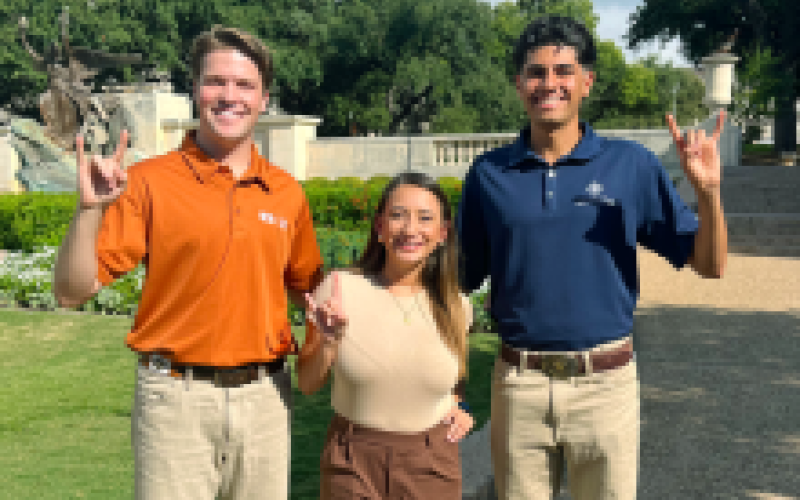 Hudson Thomas (Student Government), Jessica Rivera (FOX 7 Austin) and Raghav Singh (Texas Iron Spikes)